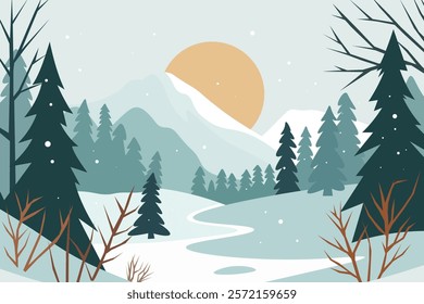 A peaceful winter scene with snow-capped mountains, a winding river, and a forest of evergreen trees. The sun shines brightly in the sky, casting a warm glow over the landscape.