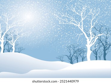 A peaceful winter scene with snow-covered hills, bare trees, and falling snow. Perfect for holiday projects, winter-themed designs, and social media graphics.