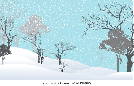 Peaceful winter vector scene of snowy hills and a variety of trees under falling snow and a bright blue sky. Ideal for holiday prints, seasonal backgrounds, and greeting card designs.