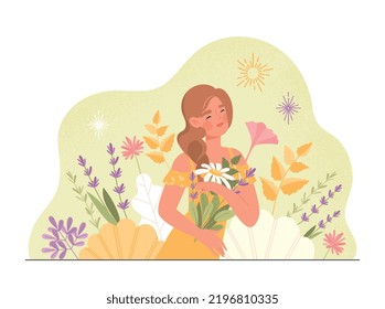 Peaceful woman concept. Young girl with flowers. Love for nature, beauty and environment. Mental health, positivity and optimism. Tenderness and care metaphor. Cartoon flat vector illustration