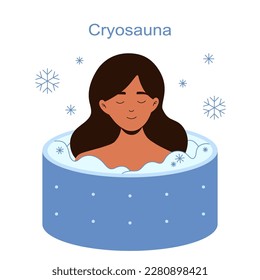 Peaceful woman in a cryosauna ice therapy vector illustration for benign and malignant lesions. Whole body cryotherapy. Painless freeze therapy for improved health. 