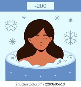 Peaceful woman in a cryosauna ice therapy vector illustration for benign and malignant lesions. Whole body cryotherapy. Painless freeze therapy for improved health. 