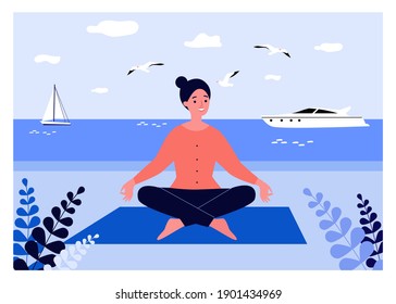Femme tranquille faisant du yoga sur la plage. Méditation, mer, bord de mer, pose de lotus. Illustration vectorielle à plat. Détente à l'extérieur, concept de soulagement du stress pour bannière, conception de site Web ou page d'accueil