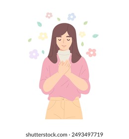 Peaceful woman is embracing her self with peace of mind isolated on white background. Concept of self-love, acceptance, mental health, self awareness, mental well-being. Flat vector illustration.