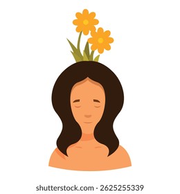 Mulher pacífica com flores crescendo de sua cabeça desfrutando da natureza e tranquilidade