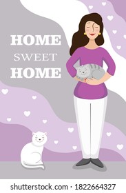 A peaceful woman holds a sleeping gray cat in her arms and a white cat sits next to her. Abstract background in gray-pink color scheme with the caption "home sweet home"