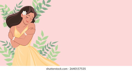 Peaceful woman hugging herself with closed eyes on pink background, surrounded by green leaves, self-love and body positivity concept.

