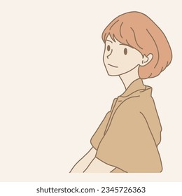 Peaceful woman looking far away, looking into the distance while smiling. Hand drawn flat cartoon character vector illustration.