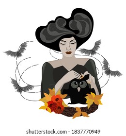A peaceful woman with a lush hairstyle in the form of an autumn cloud with threads of rain and magic birds sits in front a wreath with pumpkins and leaves and strokes an owl. Isolated vector Halloween