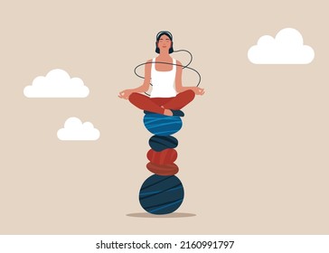 Сalm peaceful woman meditate sitting on stack of zen rock pyramid. Mindfulness meditation to balance work and life, mental health healing with relaxing yoga, enjoy freedom, peace and solitude concept.