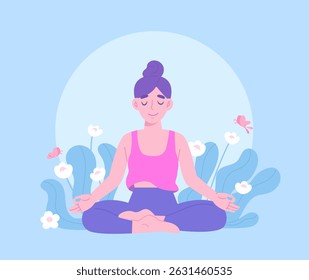 Mulher pacífica meditando entre flores da natureza e borboletas. Meditação de Yoga para a saúde mental. Conceito de relaxamento, cuidados de saúde, cura espiritual e alma. Ilustração de vetor plano.