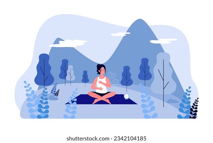 Peaceful woman meditating with clock vector illustration. Person doing yoga and focusing on breathing outdoor with mountains in background. Mindful breathing, self-care, mental health concept