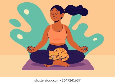 Mulher pacífica meditando em pose de lótus com um gato dormindo em seu colo