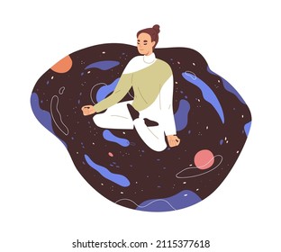 Peaceful woman at meditation. Person in yoga pose, meditating in universe. Zen, nirvana and enlightenment concept. Female at spiritual practice. Flat vector illustration isolated on white background