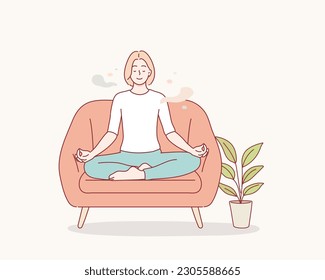 peaceful woman relaxing in lotus pose on comfortable couch. woman sitting in lotus pose and practice deep breathing or Yoga. Hand drawn style vector design illustrations.