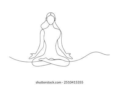 peaceful woman relaxing in lotus pose on comfortable on ground One line continuous line art vector illustration on white background.