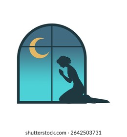 Silhueta de mulher pacífica rezando contra a janela. O crente com mãos de oração mostra fé e religião. Superstição e alta potência. Arte religiosa. Design minimalista