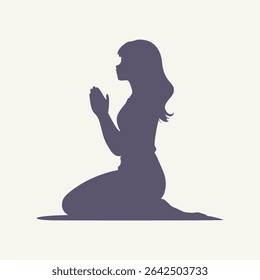 Silhueta mulher pacífica rezando. O crente com mãos de oração mostra fé e religião. Superstição e alta potência. Arte religiosa. Design minimalista