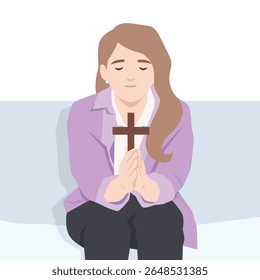 Peaceful woman sits with eyes closed, holding a wooden cross in prayer. Flat vector illustration isolated on white background