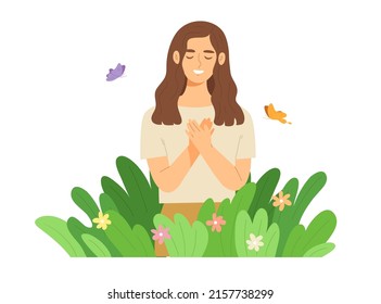 Peaceful woman standing among nature to heal her feeling. Resting in the garden. Concept of mental health, peace, relaxation, healthy lifestyle, calm, self love. Flat vector illustration character.