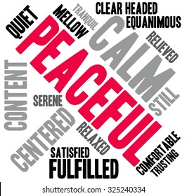 Peaceful word cloud on a white background.
