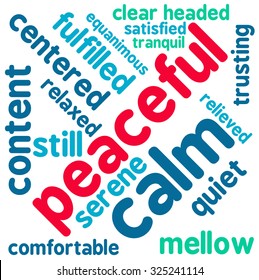 Peaceful word cloud on a white background.