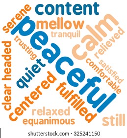 Peaceful word cloud on a white background.