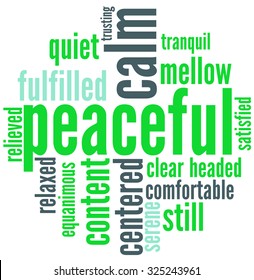 Peaceful word cloud on a white background.