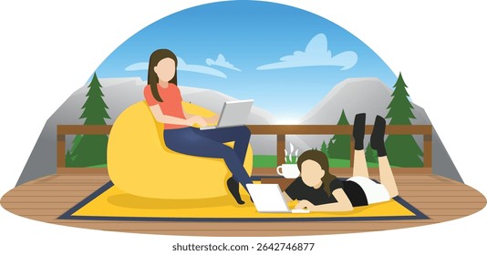 Peaceful Work from Cabin Balcony in the Mountains - illustration vector