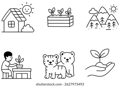 A peaceful world environment day scene featuring house, plants, mountains, and animals, showcasing nature beauty