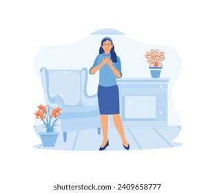 Peaceful young woman standing. Placing your hands on your chest with closed eyes expresses gratitude for God's blessings. Happy, calm, peaceful girl concept. trend modern flat vector illustration