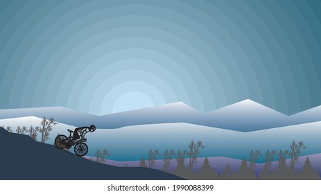peaceful zen illustration vector art of a cyclist cycling down a mountain with a bicycle. Mountains and clouds background with gradient blending sky. Environmental awareness wallpaper.
