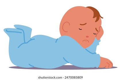 Peacefully Sleeping Baby Boy Character In A Cozy Blue Onesie. Calming Concept of Pure Serenity And Innocence Of Infancy, Newborn Care, Parenting Or Pediatric Health. Cartoon Vector Illustration