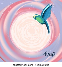 Peace,hand lettering. Stylized planet, sun, bird fly in hand drawn style pastel colors.Vector art