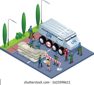 Peacekeepers Blue Helmets checks documents of citizens in roadblock Illustration isometric icons on isolated background