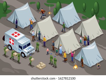 Peacekeepers Blue Helmets United Nations Delivered Humanitarian Aid In Refugee Camp Illustration Isometric Icons On Isolated Background