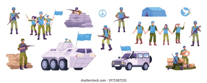 Peacekeepers flat icon set with military in uniform and with flags tanks and military vehicles tents and uniforms vector illustration