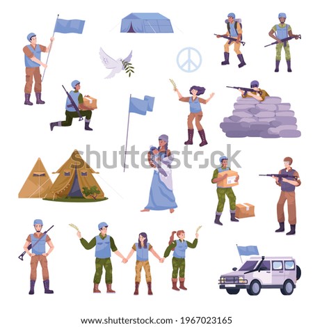 Peacekeepers flat isolated icon set with symbols of peace large flags military with weapons food and in cars tent cities
