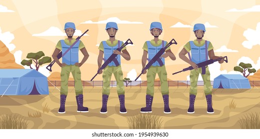 Peacekeepers guard flat concept four military men standing in a tent city vector illustration