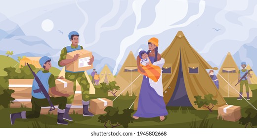 Peacekeepers humanitarian aid flat composition with the military gives food and water to refugees in the tent city vector illustration