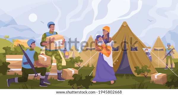 Peacekeepers humanitarian aid flat\
composition with the military gives food and water to refugees in\
the tent city vector\
illustration