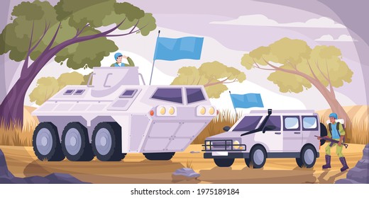 Peacekeepers transport flat and colored composition two military vehicles with blue flags vector illustration