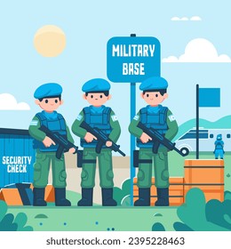 Fuerza de mantenimiento de la paz de guardia en la base militar de la frontera para mantener el concepto de verificación de la seguridad de la ilustración de los vectores