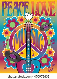 Peace-Love-and-Music Retro-styled illustration