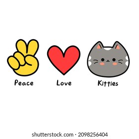 Peace,love,kitties Concept.Vector Cartoon Doodle Line Graphic Illustration Graphic Design.Peace Sign,heart,cat Pet Face Print For Poster,t-shirt,logo Concept