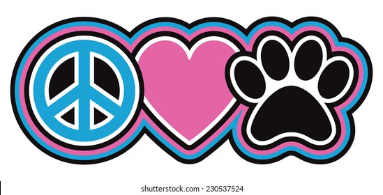 Peace-Love-Pets Icon design of a peace symbol, heart and paw print in a retro outlined style.