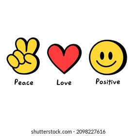 Peace,love,positive Concept T-shirt Print.Vector Cartoon Doodle Line Graphic Illustration Logo Design.Peace Sign,heart,smile Emoji Face,hippie Print For Poster,t-shirt,logo Concept