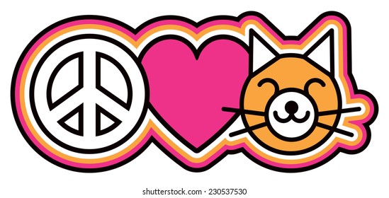 Peace-Love-Pussycats Icon design of peace, heart and cat symbols in a retro outlined style.