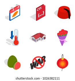 Peacetime icons set. Isometric set of 9 peacetime vector icons for web isolated on white background