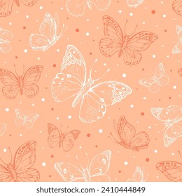 Peach 2024 year color butterfly pattern. Cute fuzz seamless background with abstract butterfly wings sketch silhouette. Spring summer peach palette. Seamless fuzz 2024 fashion design vector background